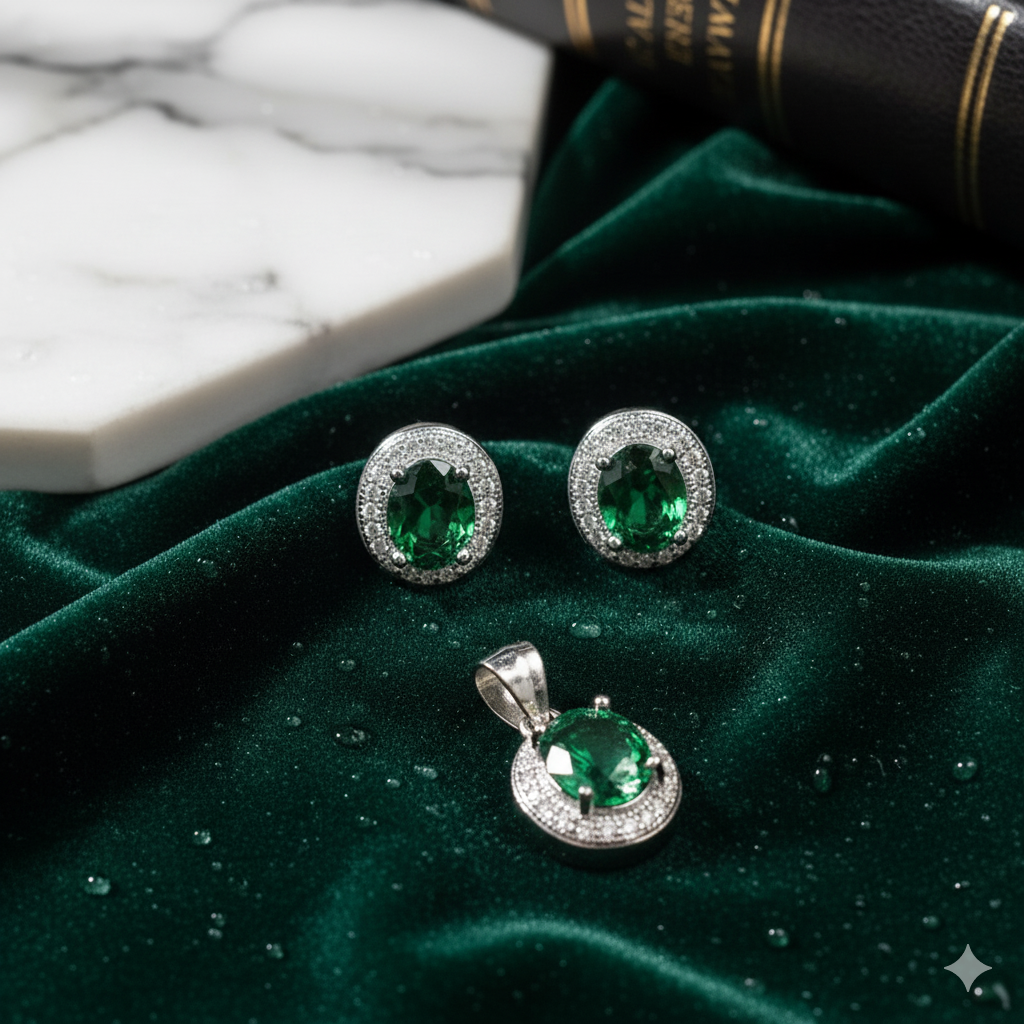 GREEN STONE CZ 925 SILVER PENDENT SET - Image 6