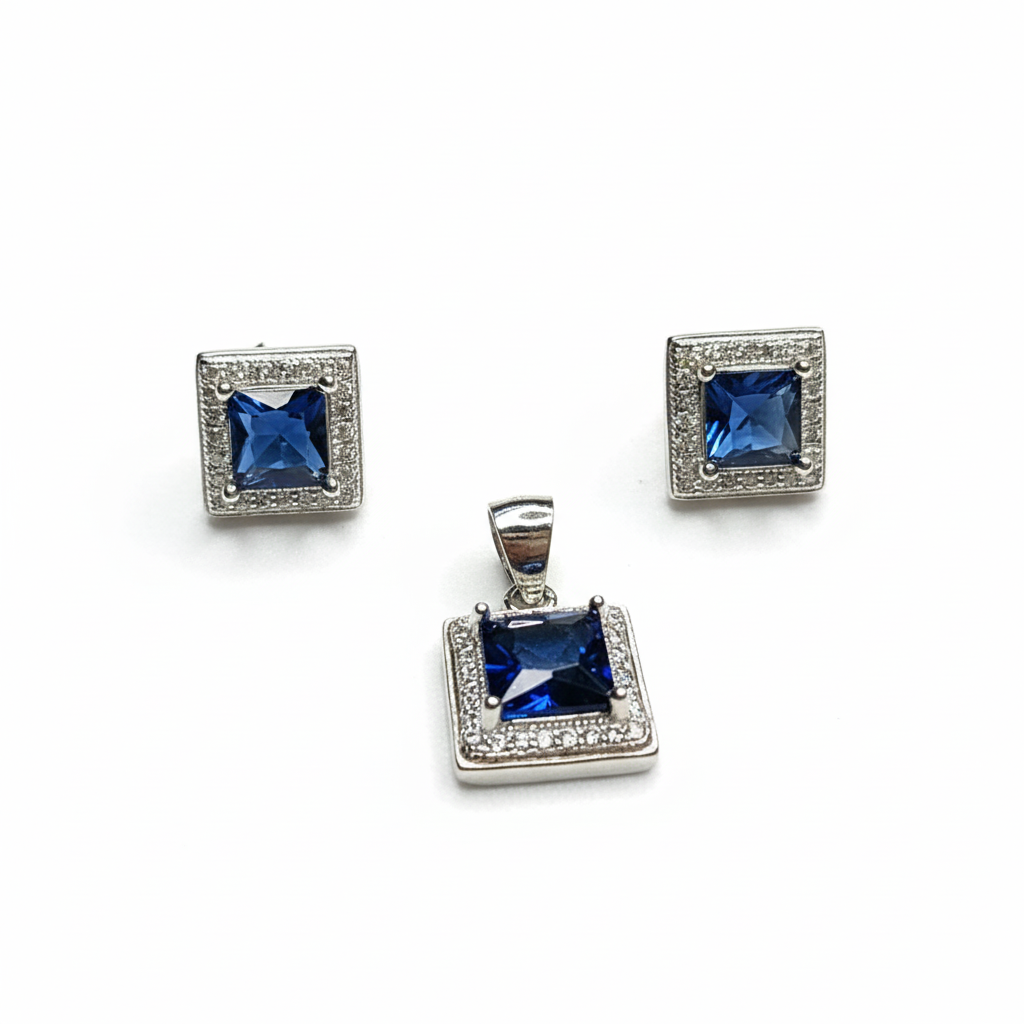 BLUE STONE CZ 925 SILVER PENDENT SET