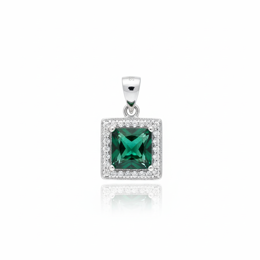 GREEN STONE CZ SQUARE 925 SILVER PENDENT SET - Image 3
