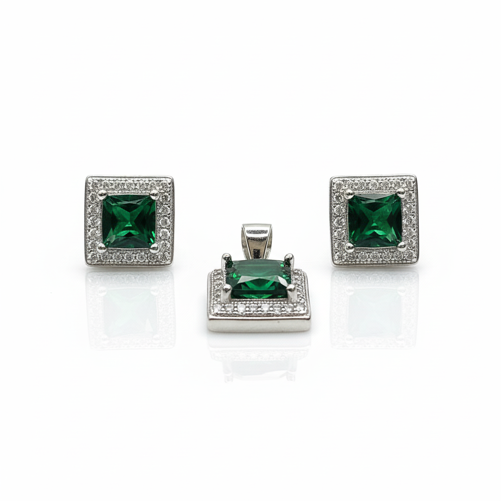 GREEN STONE CZ SQUARE 925 SILVER PENDENT SET