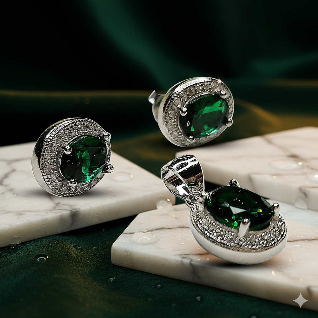 GREEN STONE CZ 925 SILVER PENDENT SET