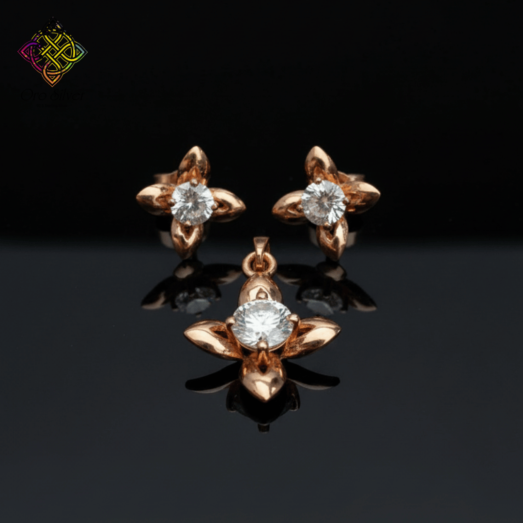 92.5 Silver Rose-Gold Plated Flower Pendant Set - Image 2