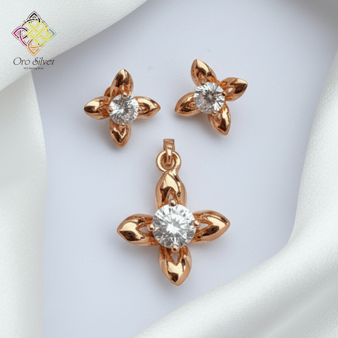 92.5 Silver Rose-Gold Plated Flower Pendant Set