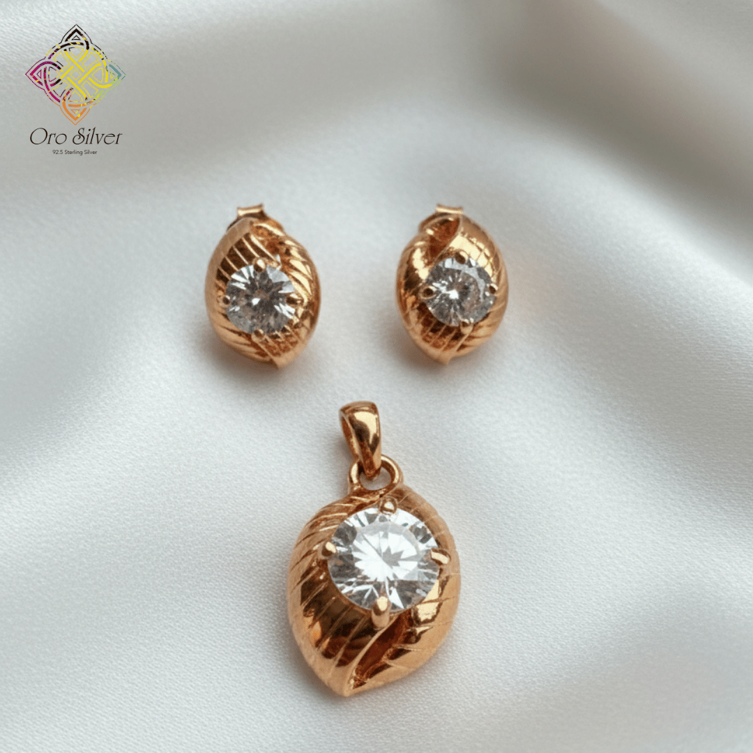 Rose Gold Plated Leaf & Solitaire Set - Image 2