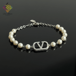 Pearl and Pave Logo Charm Bracelet