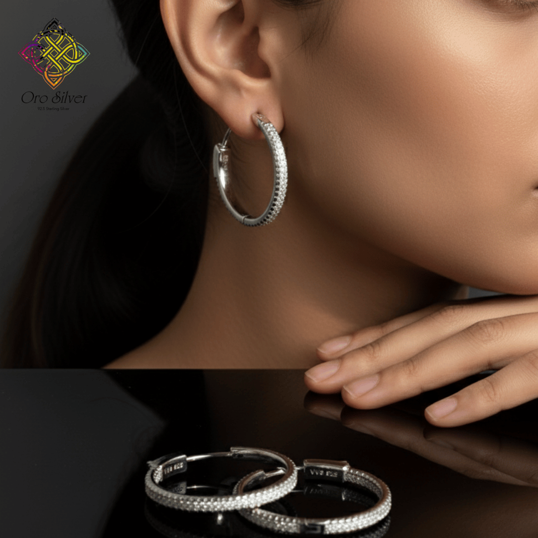 Classic Sterling Silver Pave Hoop Earrings - Image 2