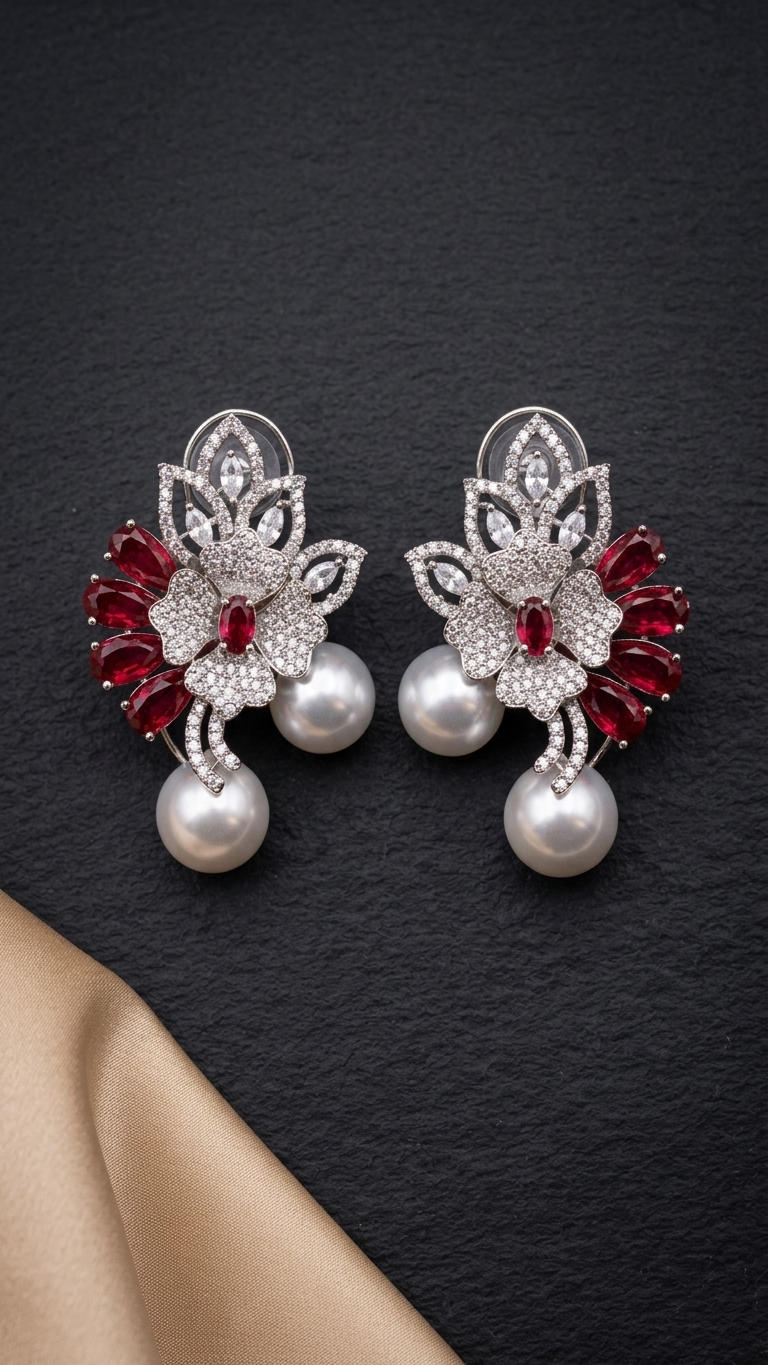 FLOWER PEARL DROPS(SILVER PLATED)